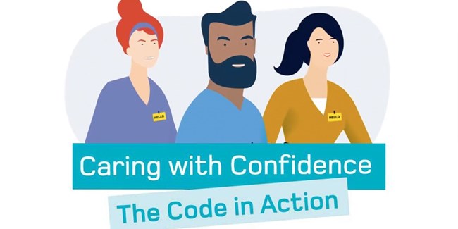 Illustration of a female midwife, male nurse and female nursing associate who are all smiling. The words caring with confidence: The code in action is written below them.